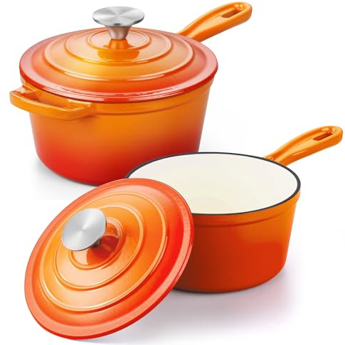 Enameled Cast Iron Sauce Pan, Leonyo 1 Qt & 2 Qt Saucepan Set, Cast Iron Dutch Oven Kitchen Small Pots for All Cooktops Cooking Pasta, Milk, Oatmeal - Up to 500°F & Nonstick, Orange