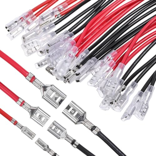 30Pcs 2.8mm 4.8mm and 6.3mm Female Spade Crimp Terminal with Insulating Sleeve and Wire, Red+Black Quick Splice Connector Kit for Speaker Wire, Crimp Terminal Assortment with 20cm Wires