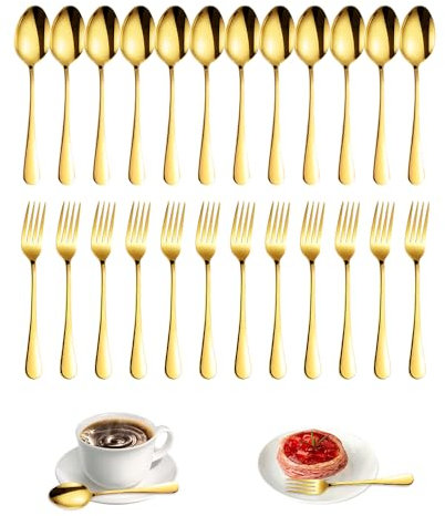 YZROHYI 24 Pezzi Posate Acciaio Inox Forchette e Cucchiaio Oro,Cucchiai Dessert,Torta Forchette da Tavola,Cucchiaini da Caffè Piccoli,Forchetta da Dessert,Cucchiaino da Tè,Coffee Spoon per Casa