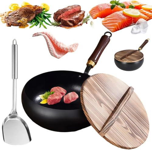 BESTXH Wooden Lid,26cm, Pentola in Ferro Spesso Non Rivestita Padella in Ferro Giapponese, Casseruola Artigianale in Ghisa Non Smaltata, Padella in Ferro Antiaderente Forgiata A Mano E Resistente