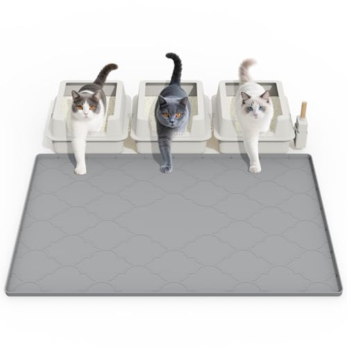 Kattmatta för kattlåda, 96 cm x 66 cm silikonmatta för att fånga kattströ, lätt att rengöra för spridning, mjuk för katttassar, vattentät, halkfri, grå