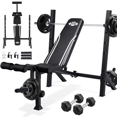 ANCHEER 900LBS Weight Bench Set with Barbell Rack, Heavy Duty Bench Press Set with Leg Extension and Leg Curl, Foldable Workout Benches for Home Gym with J Hooks & Olympic Sleeves (US Stock)