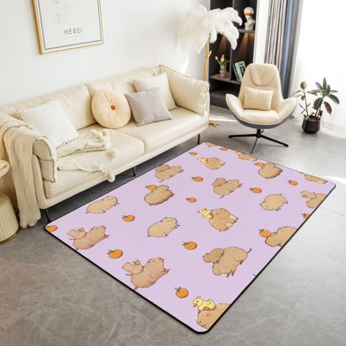 Erosebridal Funny Capybaras Area Rug 5x7 Capybara Lover Rug for Bedroom Living Room Cartoon Rodents Animals Ducks Carpet Decor Violet Khaki Capybara Indoor Floor Mat Non Slip