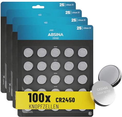 ABSINA CR2450 knappcell 100-pack – CR 2450 3V knappceller läckagesäker och med lång hållbarhet – CR 2450-batterier, knappceller CR2450, batteri 2450, batterier 2450 knappcell storpack