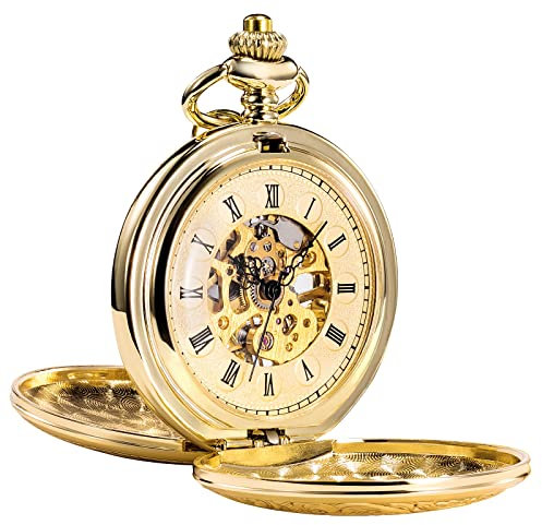 TREEWETO Unisex Taschenuhr mit Kette Analog Handaufzug Doppelscharnier Römische Ziffern Gold