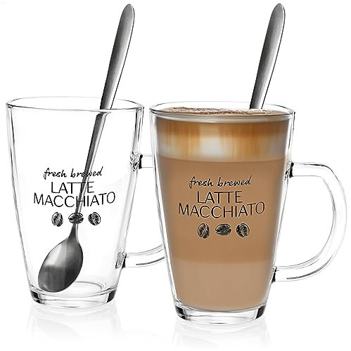 com-four® 2x Vaso Latte Macchiato - Vasos de Latte Macchiato con Cucharas Largas - Vasos de Café con Asas - Vasos para Té, Café, Chocolate Caliente