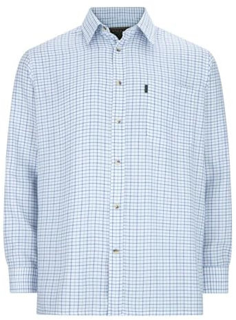 WALKER AND HAWKES - Men's Green Easy Care Chequered Murton Country Plain Smart Easy Iron Shirt - Blue - X-Large (44'')