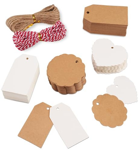 Hoiny Geschenkanhänger, 200 Stück Kärtchen zum Beschriften, Anhänger Papier mit Schnur, Kraftpapier Etiketten für Hochzeit Geschenk, Handmade (Braun, Weiß)
