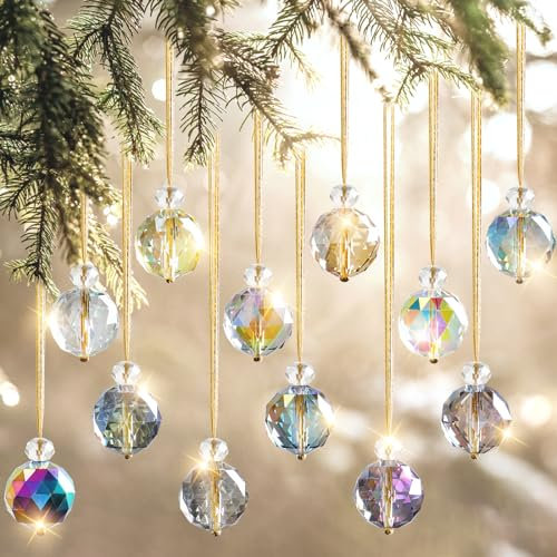 UXORSN 12PCS Christmas Tree Decorations Crystal Ball Hanging Ornaments 25mm Glass Christmas Baubles Rainbow Prism Balls Suncatcher Xmas Tree Multicolor Pendants for Xmas Party Wedding Home Decor