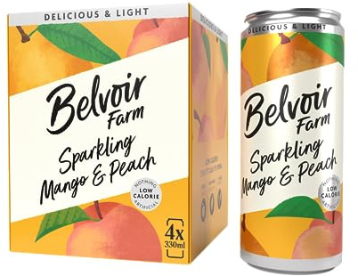 Belvoir Farm - Sparkling Mango & Peach, Delicious and Light, Real Fruit Juice, Low in Calories, Nothing Artificial, Gluten Free, Suitable for Vegetarians & Vegans 4x330ml