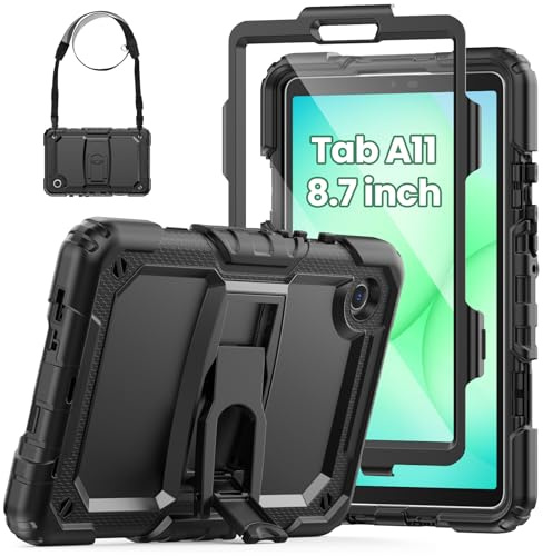 SEYMAC Funda para Samsung Galaxy Tab A11/A9 8,7(2025/2023), Funda para Tab A11 a Prueba de Golpes con Protector de Pantalla/Soporte Plegable/Correa para el Hombro, SM-X130/SM-X133/SM-X135, Negro