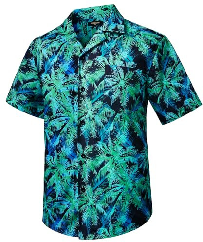 HISDERN Mens Hawaiian Shirts Summer Short Sleeve Casual Hawaii Shirt for Men Palm Tree Print Funky Button Down Regular Fit Cuban Collar Beach Aloha Shirt Black/Green/Blue S