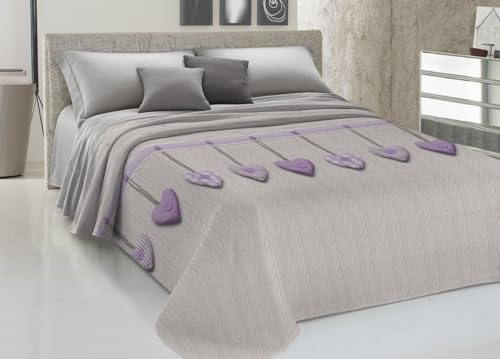 BIANCHERIAWEB Colcha de piqué para primavera y verano, 100% algodón, diseño de corazón colgante, individual, lila