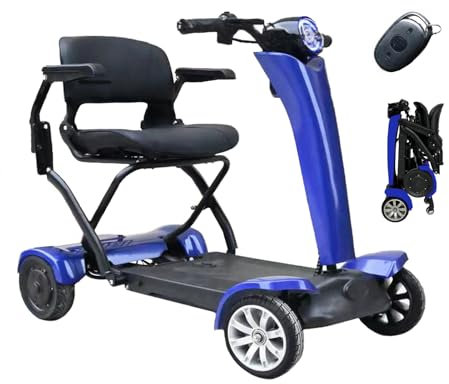 AWYBB 4 Wheel Mobility Scooter, One Click Fold and Unfold With LED Headlights and Charger, Auto Folding Electric Portable Travel Scooter (Blue)