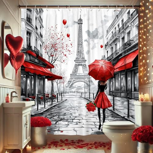 Cortina de ducha de la Torre Eiffel, paraguas rojo, blanco y negro, decoración de baño de París, romántica, primavera, verano, moderna, elegante, impermeable, con ganchos, 72 x 72 pulgadas