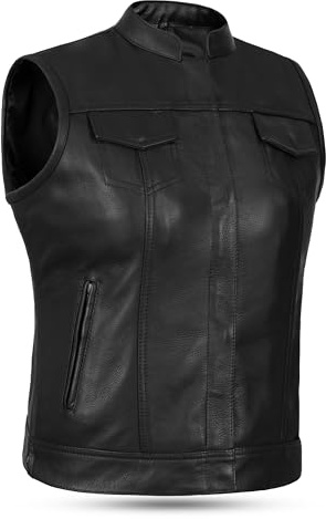 Leatherick Chaleco de motociclista de cuero negro para mujer, chaleco de motociclista de con forro suave y flexible y cremalleras laterales ajustables
