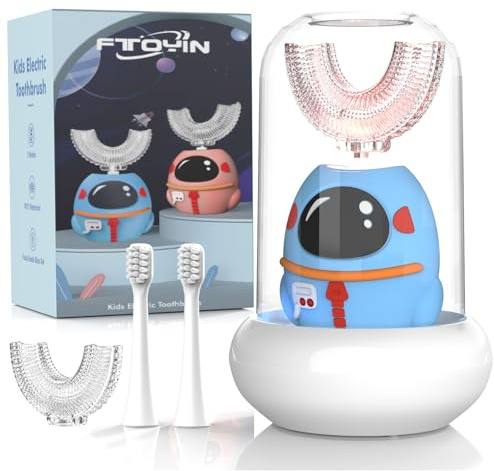 FTOYIN Kids Electric Toothbrush, U Shaped Toothbrush with 4 Brush Heads, Ultrasonic 360° Cleaning, 5 Modes, Smart 45s Timer, IPX7 Waterproof (Ages 2–12)