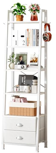 Taotigzu Etagère à Livres en Échelle,BibliothÈque à 5 Niveaux,Meuble de Rangement avec 2 Tiroirs en Tissu pour Salon, Chambre, Cuisine, Bureau,Style Industriel,Cadre en Acier (Blanc)