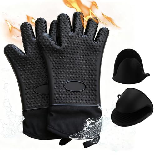 Set de 4 : 2 Gants en Silicone Noirs & 2 Mini maniques résistantes à la Chaleur – Gants en Silicone prolongés & Supports antidérapants pour Barbecue, pâtisserie, air Fryer, Cuisine