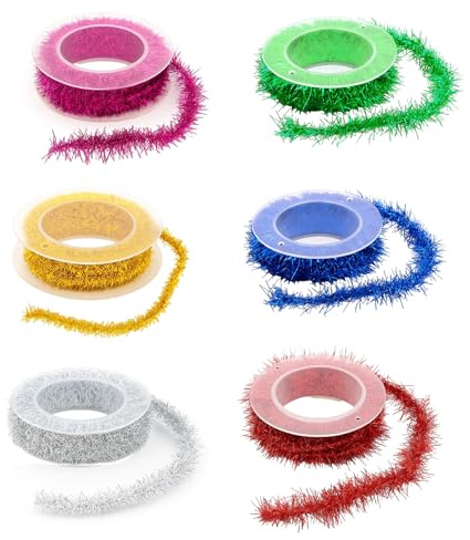 GYTFOG 6 Rolls of Festive Metallic Strands, Christmas Tinsel, Vintage Tinsel for Christmas Tree, Classic and Retro Colours, Ideal for Christmas Tree Decorations, Holiday Parties and DIY Crafts
