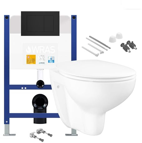 Wall Hung Toilet Pan with Low Height Concealed Cistern Fame - Matt Black Flush Plate