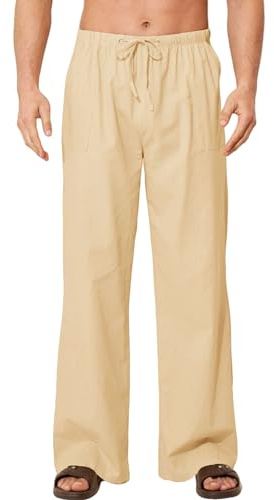 Monstoyo Mens Linen Trousers Summer Lightweight Casual Loose Fit Cotton Trousers Elasticated Waist Drawstring Breathable Beach Lounge Linen Pants with Pockets