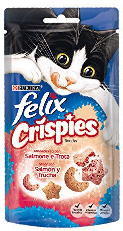 Purina Felix Crispies, Snack für ausgewachsene Katzen, mit Lachs und Forelle, 8 Beutel à 45 g