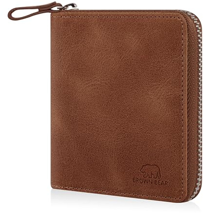 BROWN BEAR Geldbörse Reißverschluss Leder Vintage Braun für Damen & Herren | RFID-Schutz Portemonnaie mit Münzfach | Zip Geldbeutel Echtleder | BB Design 8009 HBR
