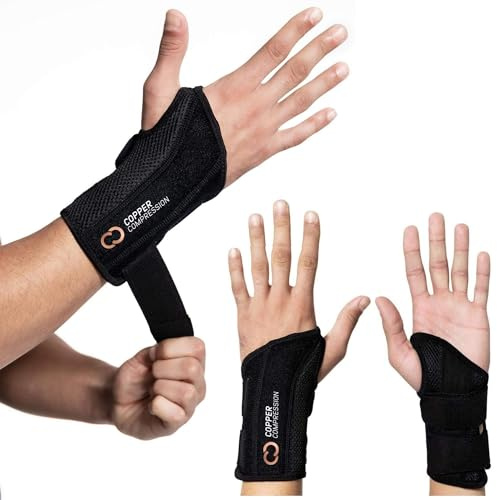 Copper Compression Wrist Brace - Copper Infused Adjustable Orthopedic Support Splint for Pain, Carpal Tunnel, Arthritis, Tennis Elbow, Tendinitis, RSI, Ganglion Cyst for Men Women - Left Hand - S/M