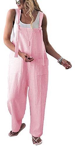 YILEEGOO Cotton Linen Dungarees for Women, Ladies Casual Overalls Baggy Wide Leg Pants Jumpsuit Playsuit (Pink, Small)