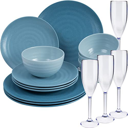 Camping Geschirr Set aus Melamin und Glas Set für 4 Personen - 16 Teile - Campinggeschirr - blau - mit Sektglas 150 ml - Gläsern - Essgeschirr