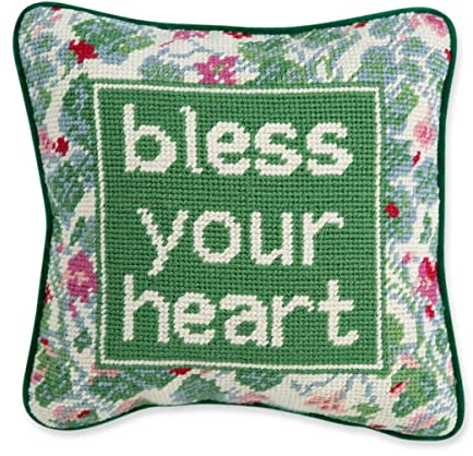 FURBISH Needlepoint Decorative Throw Pillow - Bless Your Heart - 10 x 10 - Small Embroidered Accent Pillow for Bed, Chair, Couch, Sofa - Eclectic Home Decor