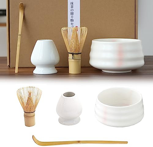 Jiavarry Set di accessori per la cerimonia di matcha, frusta e ciotola, ciotola in ceramica a righe rosa, frusta, supporto bianco, paletta tradizionale, set perfetto per preparare una tazza di matcha