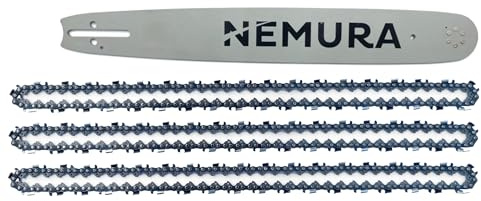 Nemura Guide de 45 cm et Lot de 3 Chaînes de tronçonneuse - 72 Maillons Entraîneurs - Pas 325 - Jauge 0.58 (1,5mm) - Pièces Détachées de qualité professionnelle pour Outillage - Marque Française