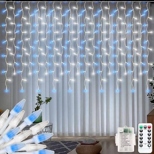CORST Luces de Carámbano de Navidad de 3M X 1M para Exteriores Luces de Cortina Alimentadas por Batería, Luces de Cortina de Fondo Colgantes LED en Forma de Diamante Luces de Hadas para Habitación
