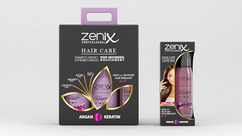 Zenix Haarpflege Set mit 3 Produkten Keratin & Argan für geschädigtes, thermisch oder chemisch behandeltes Haar | Shampoo 500ml + Conditioner 500ml + Serum 130ml | Salz-Parabene-Sulfate-Frei