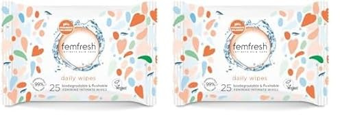 Femfresh Intimate Wipes - Flushable & Biodegradable Disposable Feminine Hygiene Vaginal Cloths w. Calendula & Aloe Vera Extracts - Soothing, pH Balanced, Hypoallergenic, 25 Count (Pack of 2)