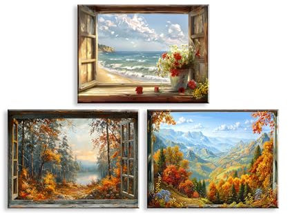 PIY PAINTING Stampa Su Tela, Natura Paesaggio Immagini Moderni Murale, Poster Artistico Autunnale, La Vista Dalla Finestra, Arte Murale Su Tela Seaside Per Camera Letto Soggiorno Ingresso, 3x30x40 cm
