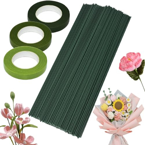 PXBSNB 150 Stück Blumendraht Grün 30cm, Blumendraht zum basteln, Floristendraht 2mm, Blumenstamm Draht Grün mit 3 Rollen Floristenband, Steckdraht Floristik für Handwerk Künstlichen