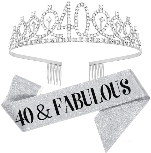 Set Diadème et Écharpe Anniversaire 40 Ans – Écharpe Femmes Argentée Couronne Cristal Cadeau Fête pour Femelle Accessoires Anniversaire 40 Ans
