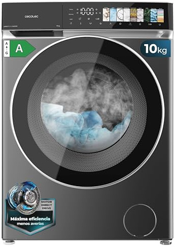 Cecotec Lavadora 10Kg Carga Frontal Bolero DressCode 10970 Direct Drive Steel. Motor Direct Drive, 1400RPM, 11 Programas, PantallaFullColor, Puerta XXL, Función Vapor, Luz Interior, Stop&Go, Steel
