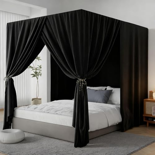 YRDKB Black Canopy Bed Curtains - 4 Corner Post Bed Curtains Queen Lightproof Siamesed Drapes Bed Canopy for Adults & Girls Bedroom Decoration(Black,Queen)