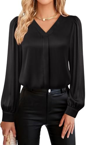 YUTILA Chemisier pour femme avec col en V – Élégant haut uni à manches longues avec brillance – Tenue décontractée pour le travail, les loisirs, les fêtes et les affaires, Noir , XL