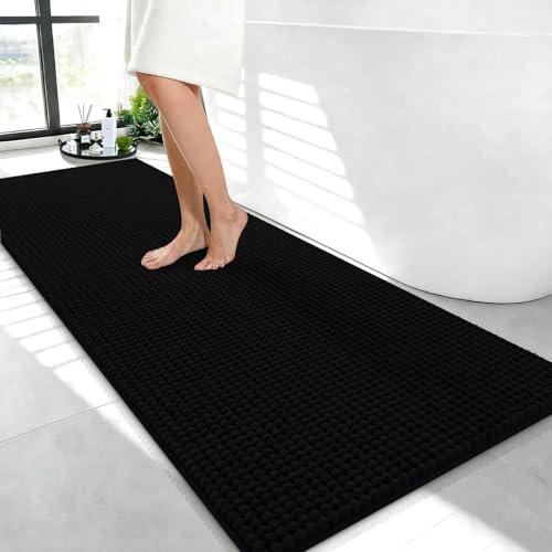 Linruione Svart badmatta antiskid, 50 x 120 cm extra långa chenille-badmattor för badrumsgolv, superabsorberande och tvättbar tjock badrumstapplöpare
