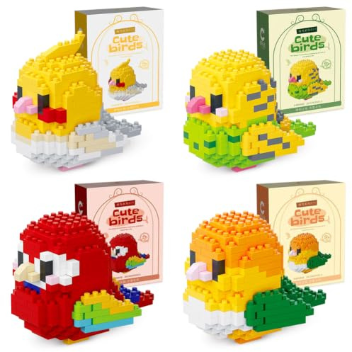 Perroquet Blocs de Construction, 4PCS Mini Block Models Jeux de Construction 3D Mini Blocs de Puzzle Micro Bloc de Constructions Figurines Modèle Building Block Set pour Cadeaux d'Anniversaire