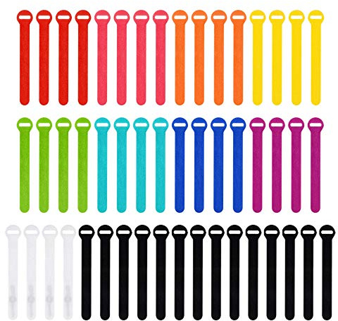 Self-Gripping Cable Ties by Wrap-It Storage, Multi-Color, 5 Inch Straps (50-pack) – Reusable Hook and Loop Cord Organizer Cable Ties for Cord Management and Desk or Office Organization