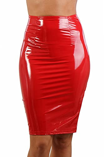 MISS NOIR Dam wetlook sexig 3/4 kjol vinyl knälång klubbkläder party bodycon kjol med 2-vägs dragkedja, Röd (194661-rd), M