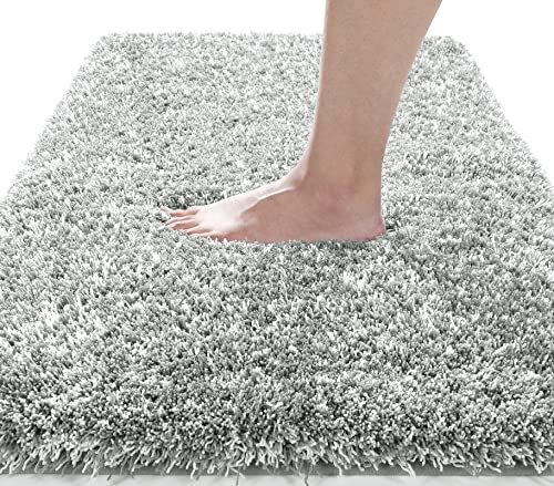 Yimobra Fluffy Plush Bath mat, Super Soft Comfortable Non Slip, Water Absorbent Microfiber Bath Mat, Dries Quickly, Machine Washable Thick Bathroom Floor Rugs for Shower, Light Gray, 43 x 61 cm