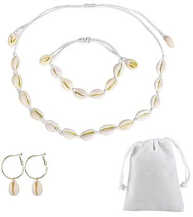 ATBUSS Set di 4 orecchini bracciale collana conchiglia con tasca con coulisse, girocollo girocollo, regolabile, gioielli conchiglia, accessori da spiaggia estivi per donna
