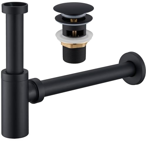Ulytid Sifón Lavabo con Válvula Desagüe, Sifón de Diseño Universal con Abertura de Limpieza, Altura Ajustable, Desagüe Lavabo con Rebosadero para Baños y Aseos, Acabado Negro Mate